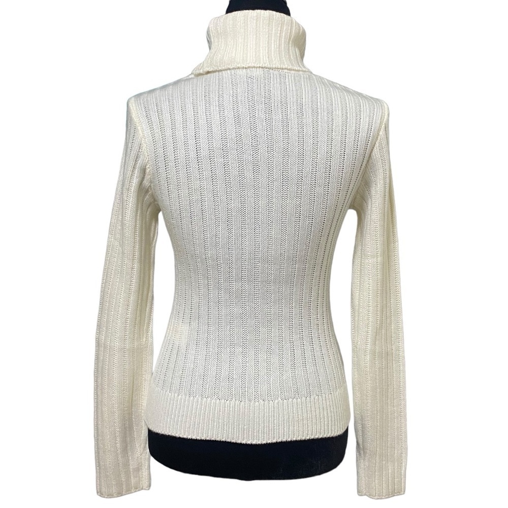 DKNY Ivory Fringe Ribbed Knit Turtleneck Sweater Boho Cozy Pullover Small - Picture 5 of 8